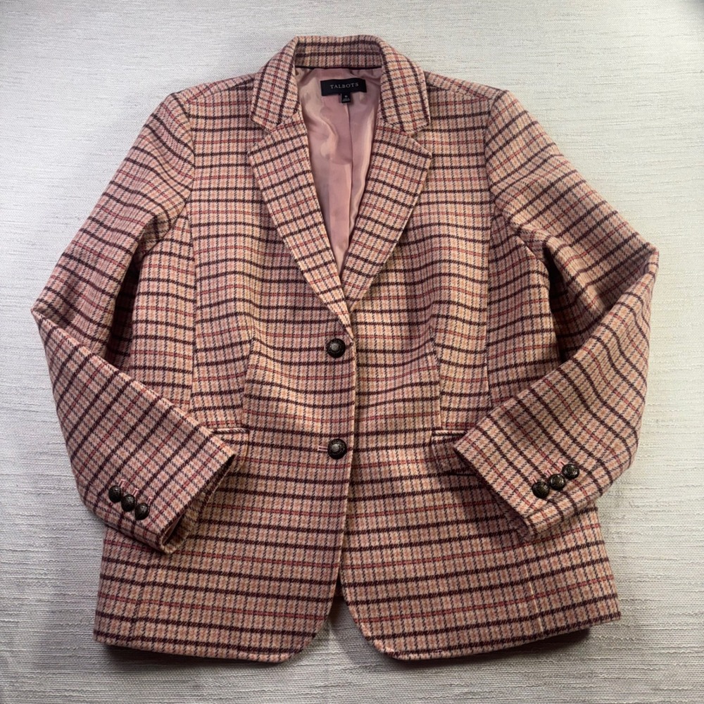 NWOT Talbots Pink Brown Plaid Wool Blend Blazer Jacket Crest Buttons Size 16